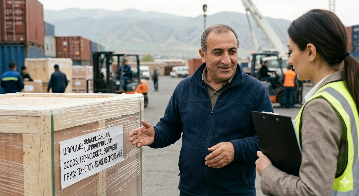 Տեխնոլոգիական սարքավորումներով փաթեթավորված արկղի կողքին կանգնած տղամարդ և կին, ովքեր քննարկում են ներմուծման գործընթացը